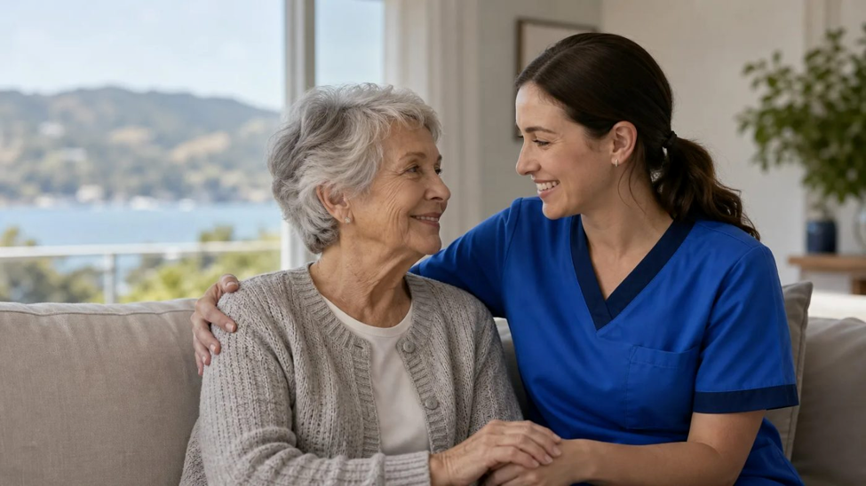 A smiling caregiver in a blue uniform sits on a sofa, holding hands with an elderly woman and looking at her warmly.