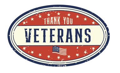 An oval badge with a vintage design reads Thank You Veterans in bold letters, features an American flag, and is decorated with white stars on a red and blue background.