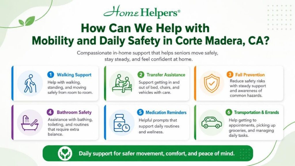 Infographic on home care services for mobility and daily safety in Corte Madera, CA
