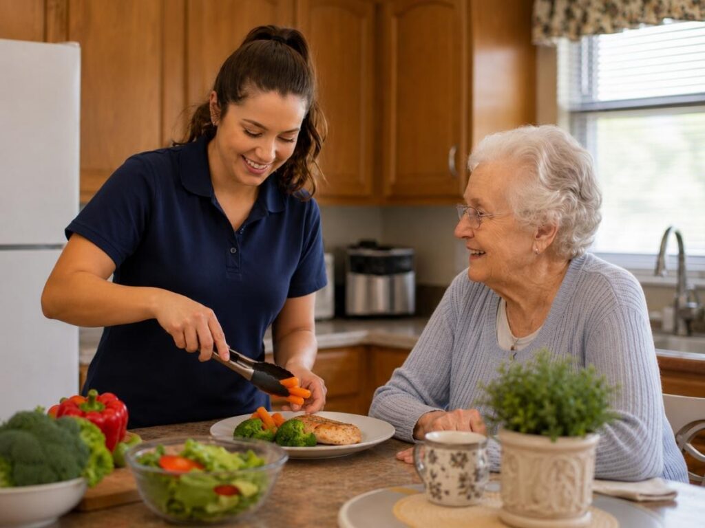 Caregiver preparing a healthy meal for a senior during in-home care support