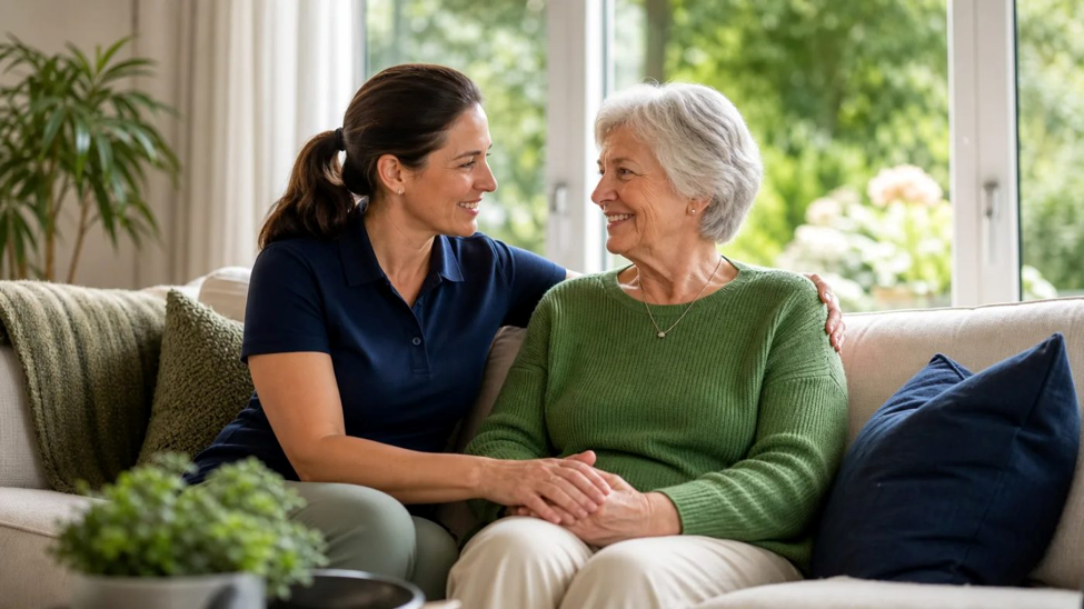 A younger woman sits on a sofa, smiling at an older woman and holding her hands.