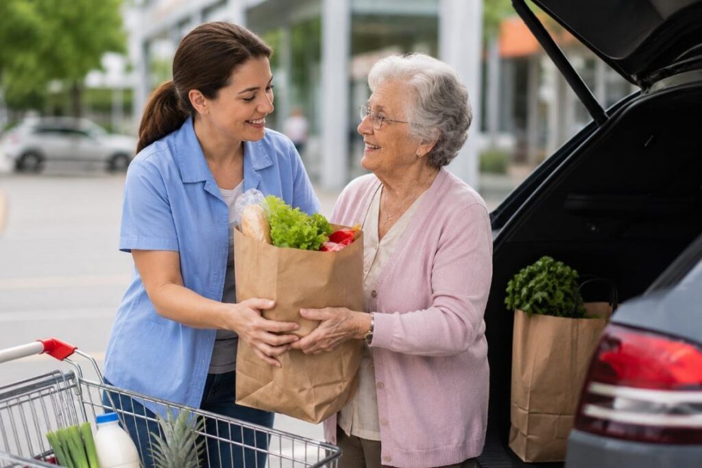 Caregiver helping a senior with grocery shopping and carrying fresh groceries home