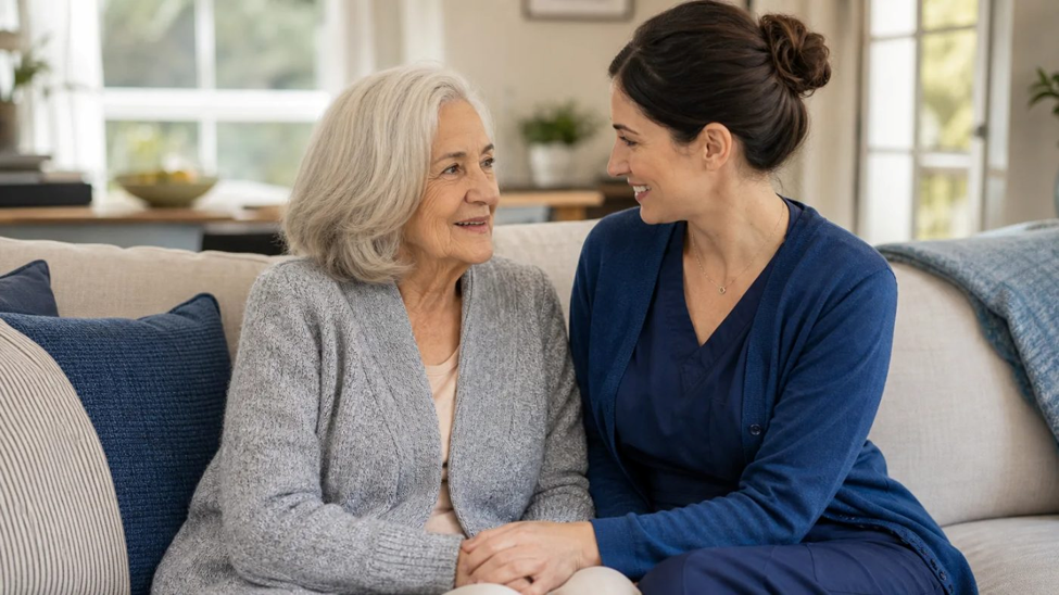 A caregiver holds the hand of an elderly woman as they sit together on a sofa and smile at each other.