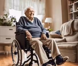 An elderly person with white hair sits in a wheelchair, smiling in a cozy, well-lit living room with a sofa, plants, and soft natural light streaming through the window.