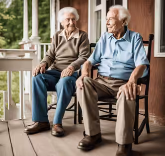 Two elderly people sit side by side on rocking chairs on a wooden porch, smiling and enjoying each others company, with greenery and house details visible in the background.