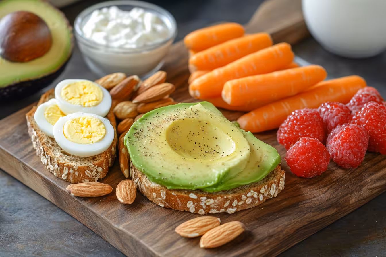 A wooden board with sliced avocado toast, boiled egg slices on bread, whole almonds, baby carrots, raspberries, a halved avocado, and a small bowl of cottage cheese.