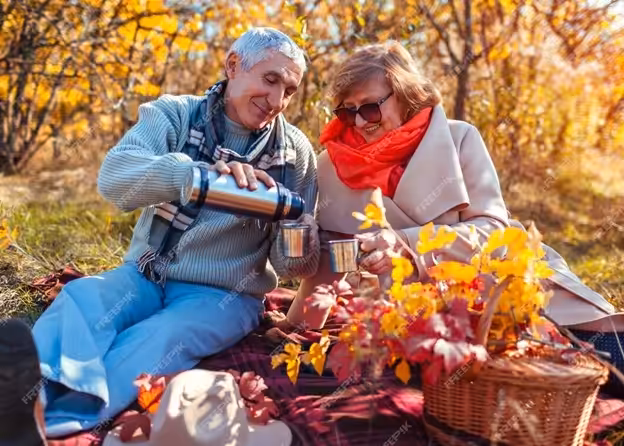 An elderly couple sits on a blanket outdoors in autumn, smiling as the man pours a hot drink from a thermos into mugs. They are surrounded by colorful fall leaves and a wicker basket with yellow foliage.