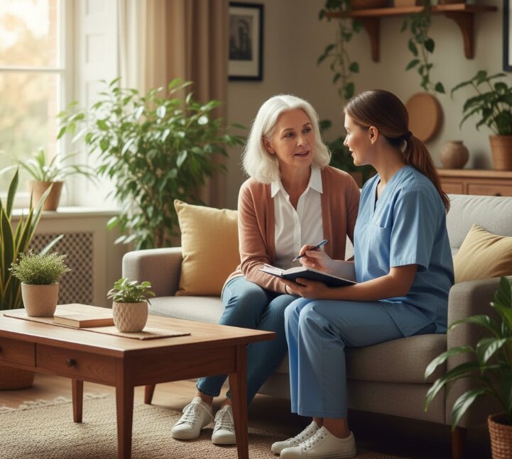 Professional dementia care specialist providing emotional support to a senior at home, building family peace of mind
