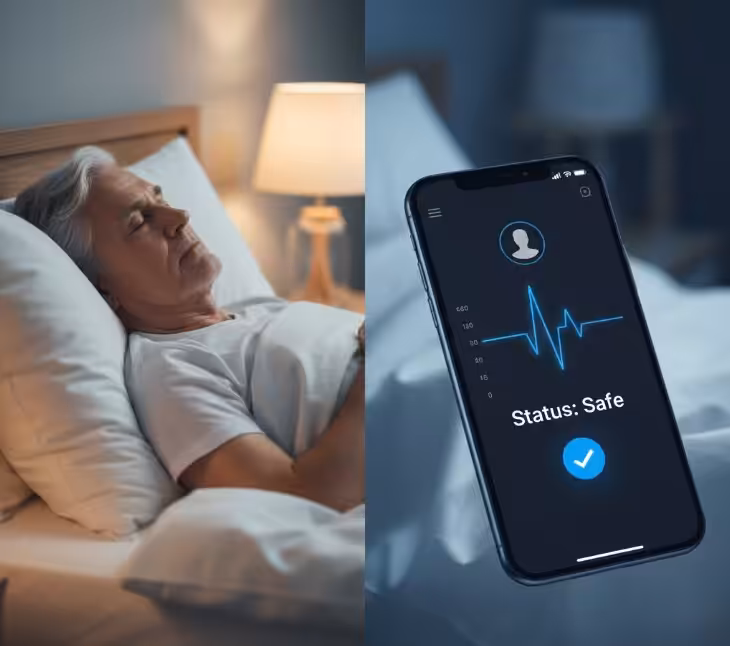 An older man sleeps peacefully in bed, while a smartphone nearby displays a health monitoring app with a heartbeat graph and the status Safe highlighted by a blue checkmark.