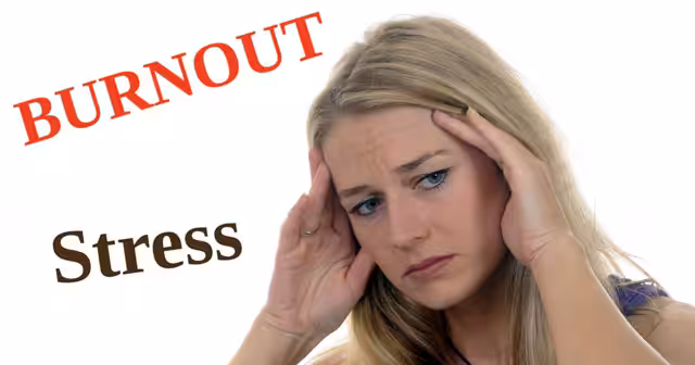 A woman holding her head with both hands looks stressed and worried. The words BURNOUT and Stress are written beside her on a white background.