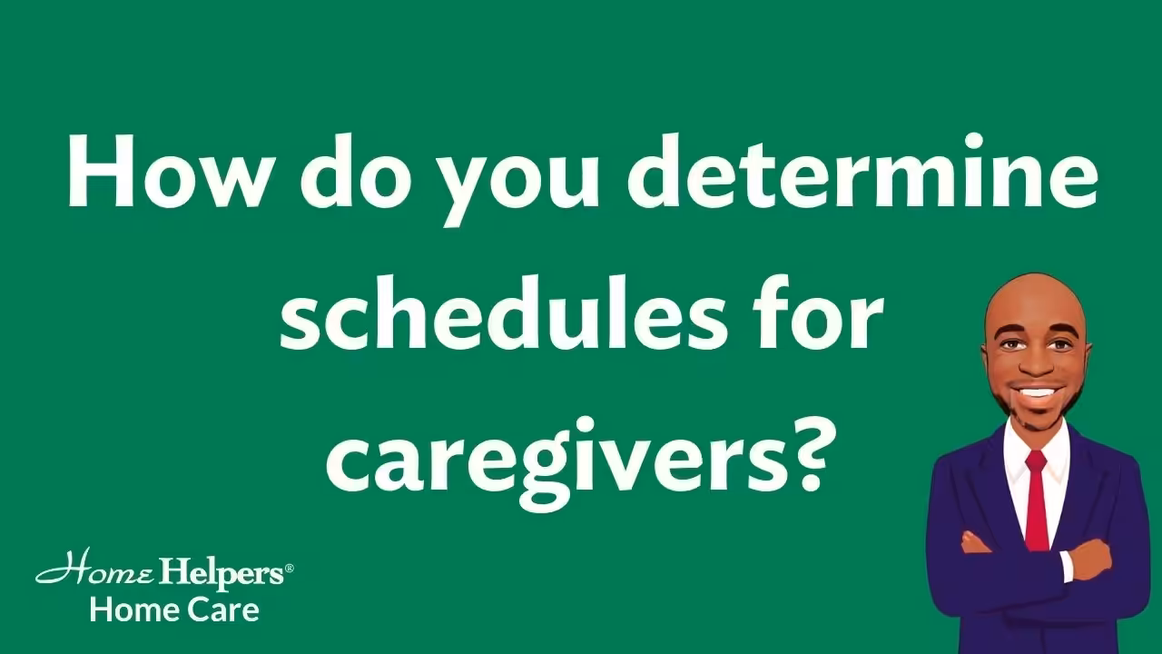 White text on a green background reads, How do you determine schedules for caregivers? In the bottom right, there is an illustration of a smiling man in a suit. Home Helpers Home Care logo is at the bottom left.