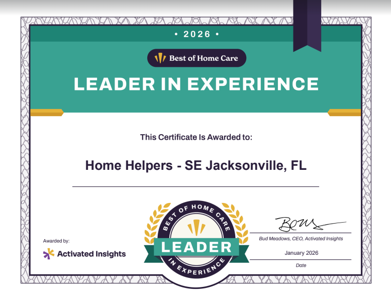 Certificate titled Leader in Experience from Best of Home Care, awarded to Home Helpers - SE Jacksonville, FL for 2026, with a gold badge and a signature from Bud Meadows, CEO, dated January 2026.