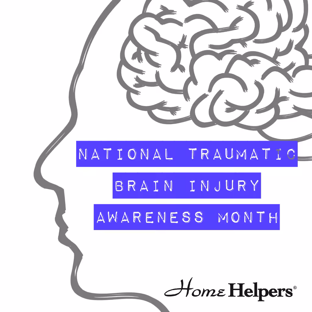 Outline of a human head with a brain illustration, featuring the text National Traumatic Brain Injury Awareness Month in blue boxes and the Home Helpers logo in the bottom right corner.