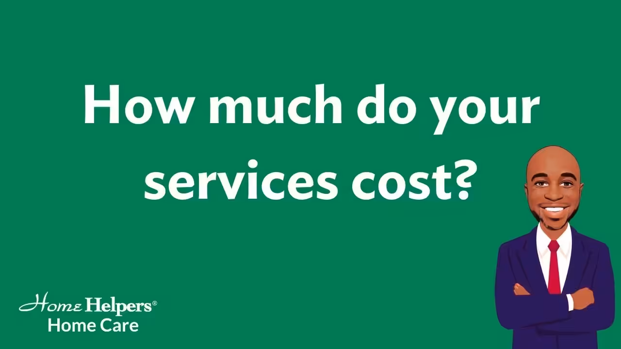 Green background with white text reading How much do your services cost? Bottom left corner displays the Home Helpers Home Care logo. On the right, there is an illustration of a smiling man in a suit with folded arms.