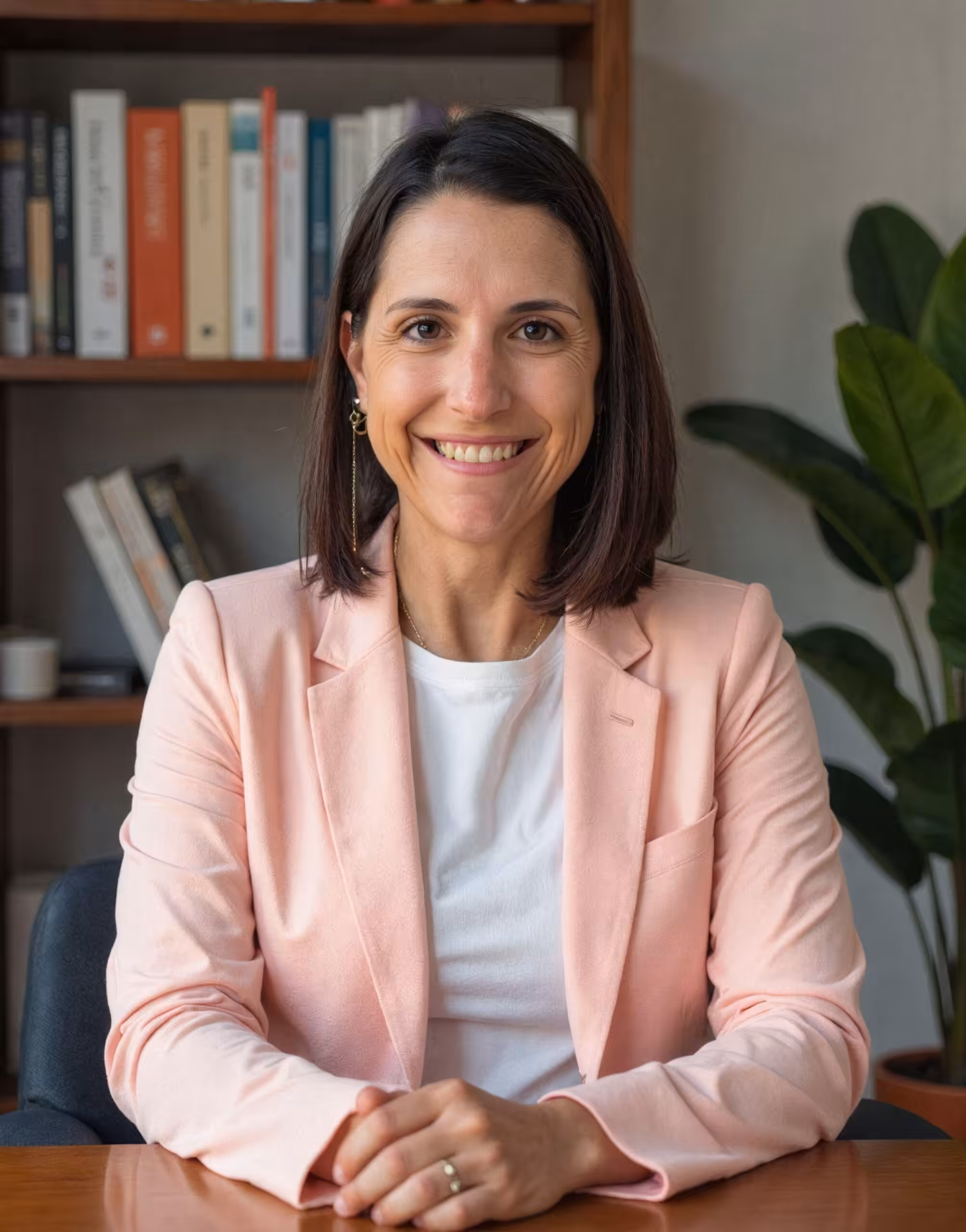 A woman with shoulder-length brown hair, wearing a light pink blazer and white shirt, sits at a wooden desk, smiling. A bookshelf with books and a green plant are visible in the background.