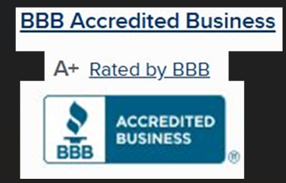BBB Accredited Business badge showing an A+ rating, with the BBB logo and the words Accredited Business displayed on a blue background.