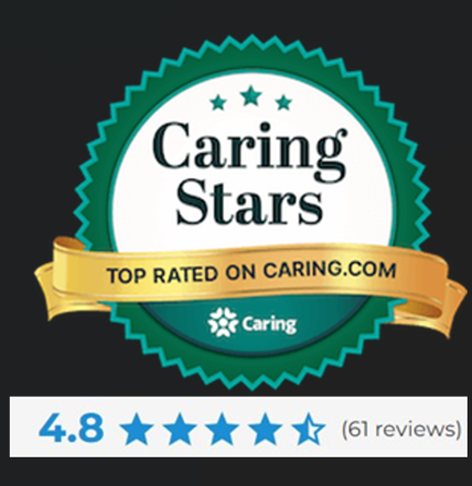 A green badge with the text “Caring Stars, Top Rated on Caring.com” and a gold ribbon, above a 4.8-star rating out of 5, based on 61 reviews.