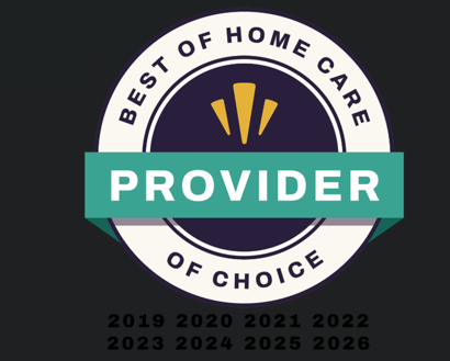 A circular badge with the text Best of Home Care - Provider of Choice and years 2019 to 2026 listed below, indicating an award recognition.