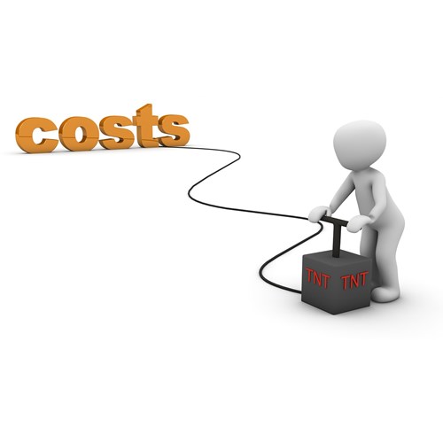 A 3D figure prepares to detonate a TNT box connected by a wire to the word costs, symbolizing reducing or eliminating costs.