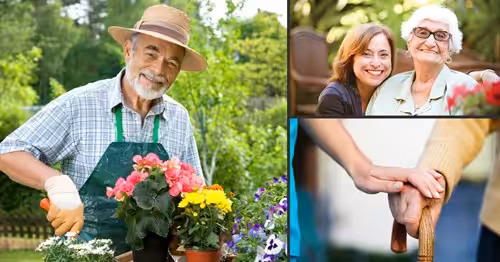 A smiling elderly man gardens with colorful flowers. Beside him, a woman hugs an older lady, both smiling. Below, hands gently rest on a wooden cane, suggesting care and support.
