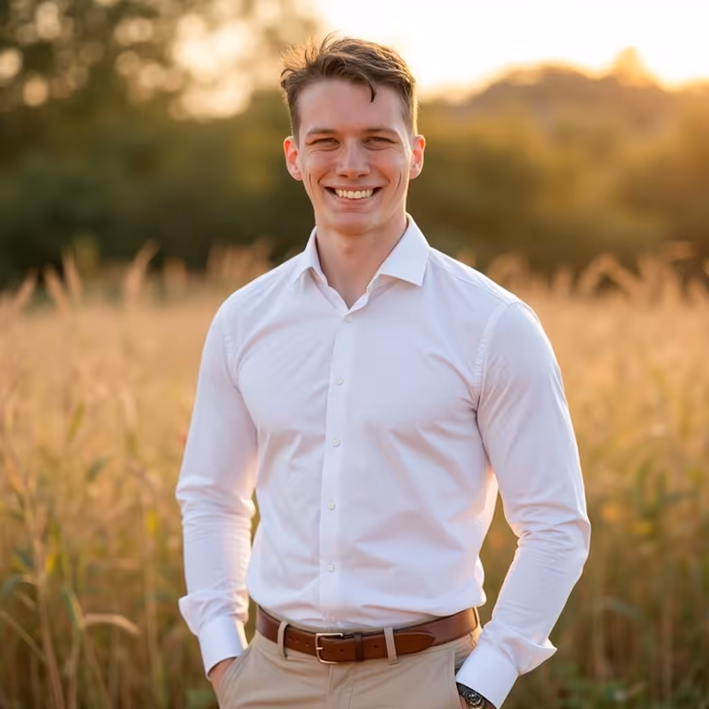 A young man in a white dress shirt and beige pants stands smiling in a sunlit field of tall grass, with trees blurred in the background.