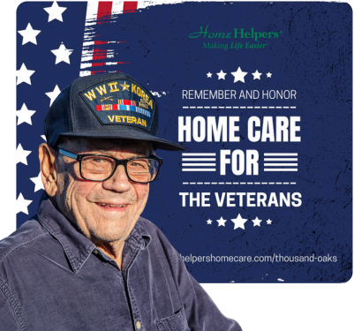 Smiling older man wearing glasses and a WWII Korea Veteran hat in front of a patriotic background with stars, stripes, and text promoting home care for veterans by Home Helpers.