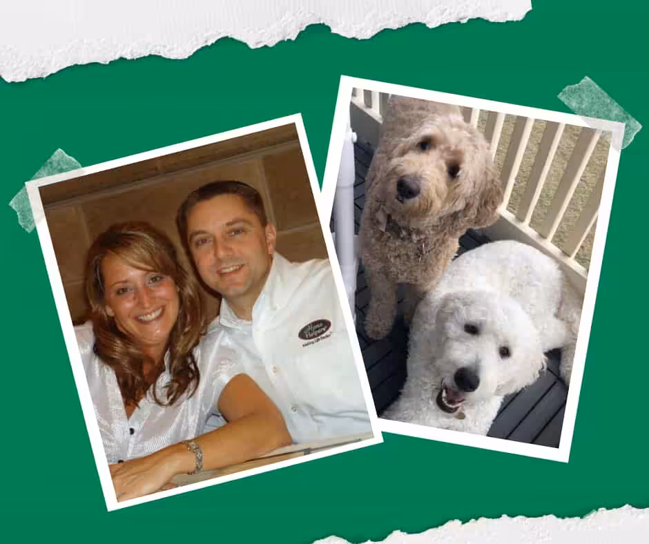 A smiling couple poses together in one photo, while a second photo shows two fluffy dogs sitting on a porch. Both images are taped to a green background with torn paper edges.