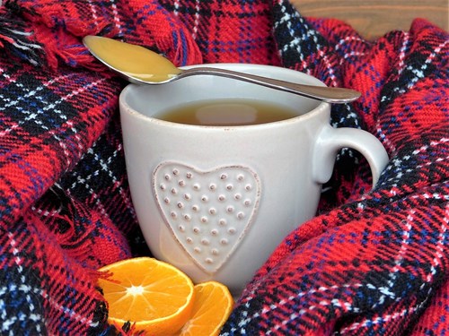 A white mug with a heart design is filled with tea and topped with a spoon of honey, nestled in a red plaid blanket. Slices of orange are placed beside the mug.