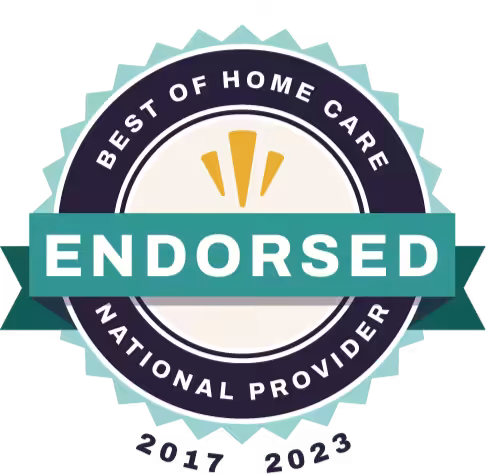 Circular badge reading Best of Home Care National Provider Endorsed, with a ribbon stating Endorsed across the center. Years 2017 and 2023 are listed at the bottom.