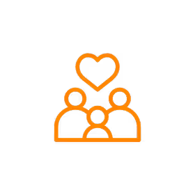 Orange outline of three people with a heart above their heads, symbolizing family, love, or community, on a light gray background.
