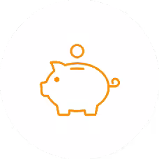 Orange outline of a piggy bank with a coin above it, on a white circular background.