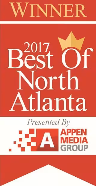 A red and white banner reads Winner 2017 Best Of North Atlanta, with a gold crown graphic and Presented by Appen Media Group at the bottom.