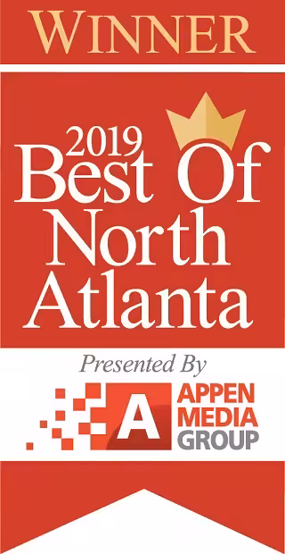 Red and gold award banner reading Winner, 2019 Best Of North Atlanta, Presented by Appen Media Group, with a gold crown graphic above the text.