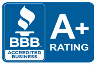Blue badge showing the Better Business Bureau (BBB) Accredited Business logo and an A+ Rating in large white letters.