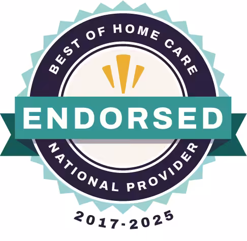 A circular badge with the text “Best of Home Care National Provider Endorsed” and “2017–2025.” The center features gold rays and a green ribbon with the word “Endorsed” across it.