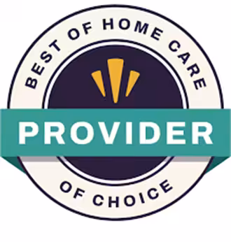 A circular badge with the words Best of Home Care Provider of Choice and a green banner across the center that says Provider, with three gold rays above the banner.