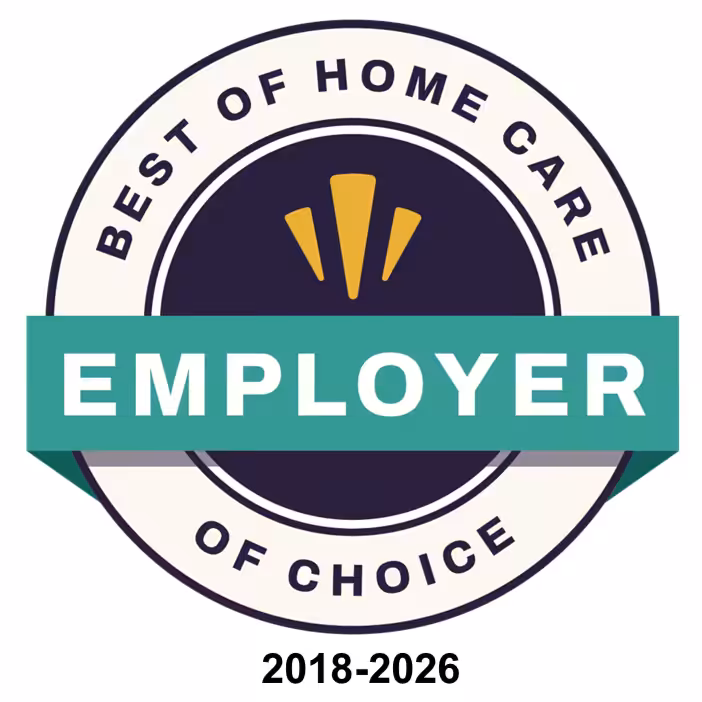 A circular badge reads Best of Home Care Employer of Choice with EMPLOYER highlighted in a green banner across the center. The years 2018-2026 are displayed below the badge.
