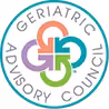 Circular logo for the Geriatric Advisory Council featuring interlocking shapes in orange, blue, purple, and green, surrounded by the organizations name in uppercase letters.