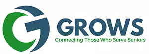 Logo with a green and dark blue stylized G on the left, next to the word GROWS in large blue text. Below, smaller text reads, Connecting Those Who Serve Seniors.