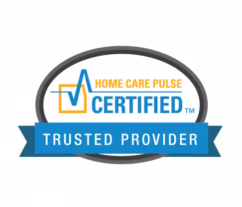 A badge with the text Home Care Pulse Certified and Trusted Provider on a blue ribbon, indicating certification and trust in home care services.