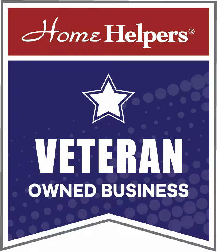 A badge with a red and blue background, a white star, and the text: Home Helpers Veteran Owned Business. The design includes a dotted pattern and bold white lettering.