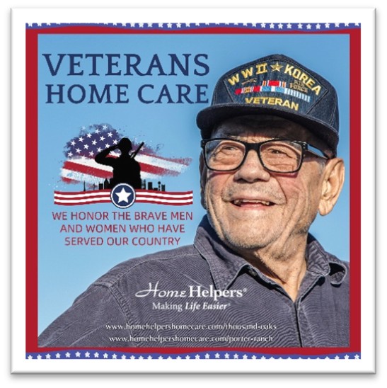 Smiling elderly man in a WWII Korea Veteran hat stands by a patriotic graphic. Text reads: “Veterans Home Care. We honor the brave men and women who have served our country.” Home Helpers logo at the bottom.