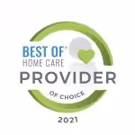 Circular badge with green and gray accents that reads Best of Home Care Provider of Choice 2021 with a green heart in the center.