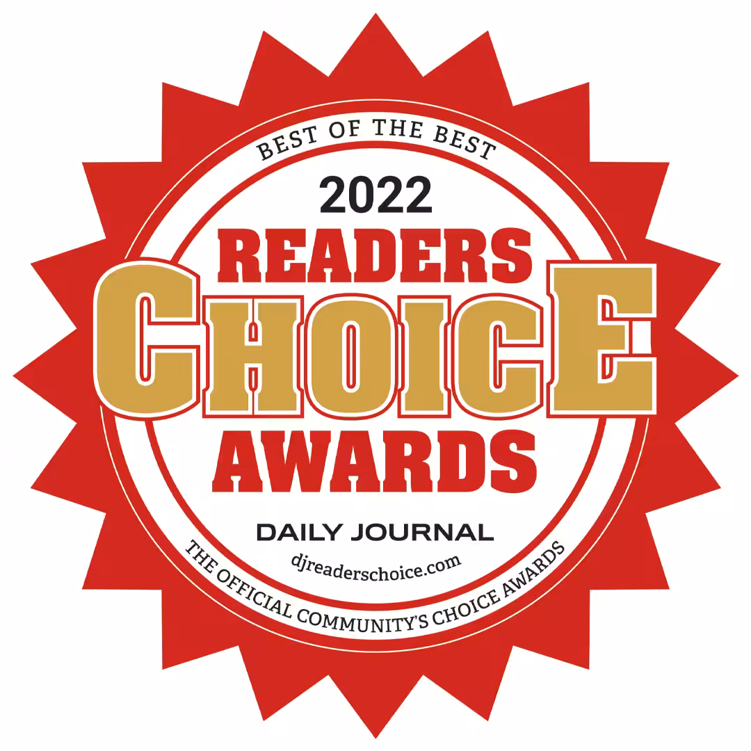A red and gold badge reads Best of the Best 2022 Readers Choice Awards by the Daily Journal, with the website djreaderschoice.com and The Official Community’s Choice Awards at the bottom.