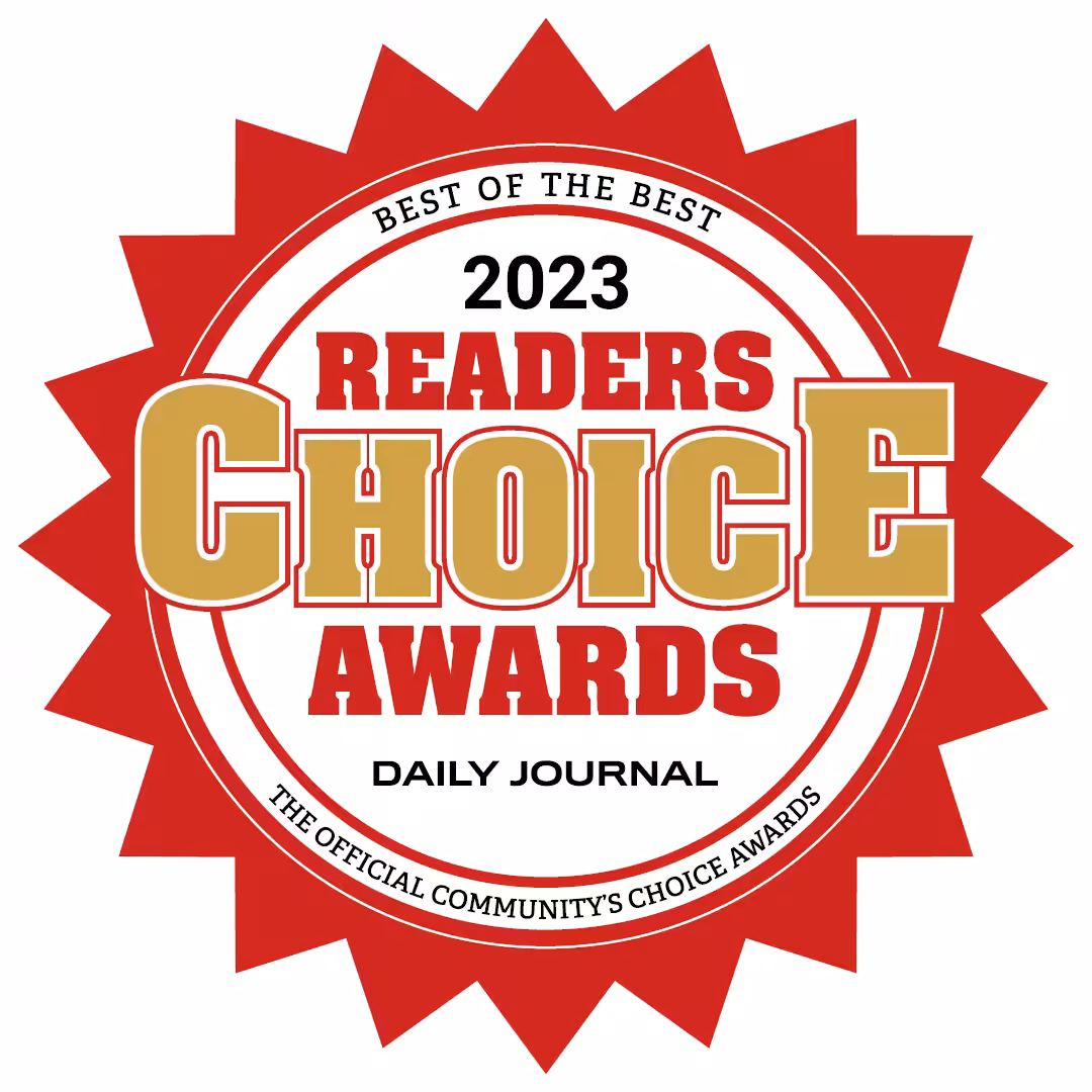 Red badge with starburst edges reading 2023 Readers Choice Awards, Daily Journal, Best of the Best, The Official Communitys Choice Awards in red, gold, and black text.