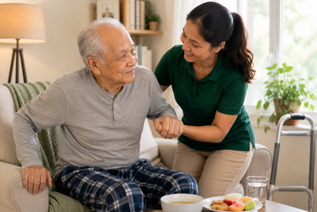 A caregiver helps an elderly man stand from a couch in a cozy living room. A table with food, a walker, and warm lighting are visible in the background.