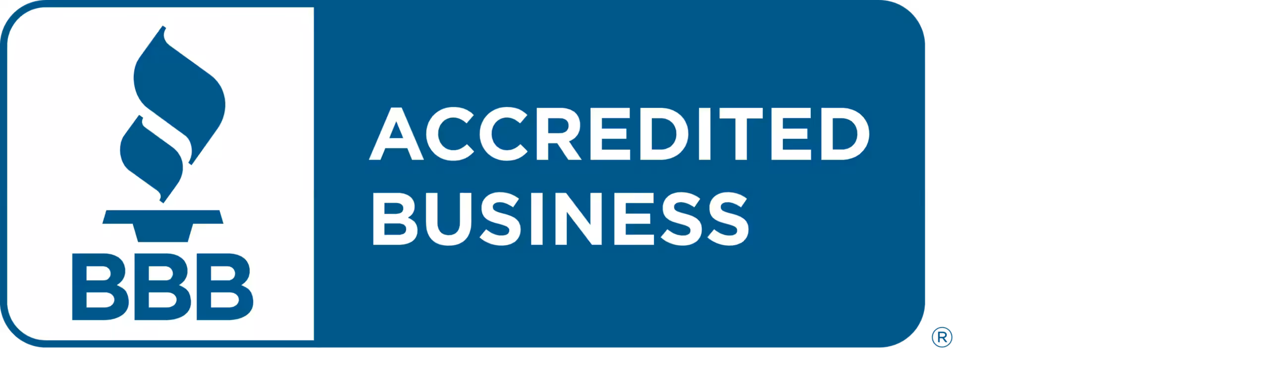 BBB Accredited Business logo. The image features a blue rectangle with a white torch symbol and the letters BBB on the left, and the words Accredited Business in white on the right.