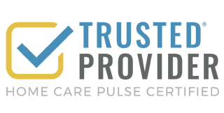 Logo with a blue checkmark inside a yellow square next to the words “Trusted Provider” and below, in smaller text, “Home Care Pulse Certified” on a black background.