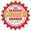 A gold and red starburst badge with the text 2023 Readers Choice Awards, Daily Journal and Voice of the Best at the top.
