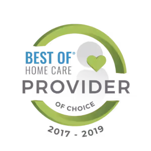 A circular badge reads Best of Home Care Provider of Choice 2017-2019 with a green heart and green border on a white background.